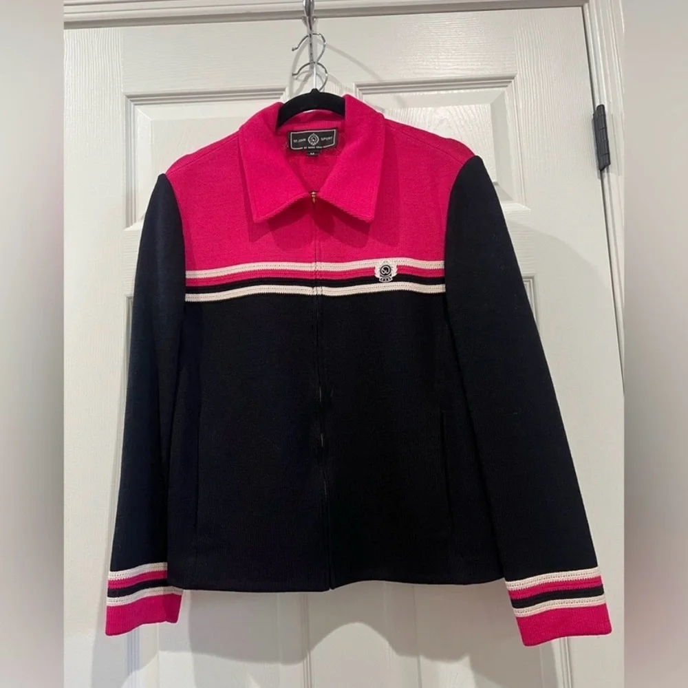 ST JOHN Sport Women's Blazer Black-Blue Pink White Striped With Zipper Size M - Picture 2 of 7